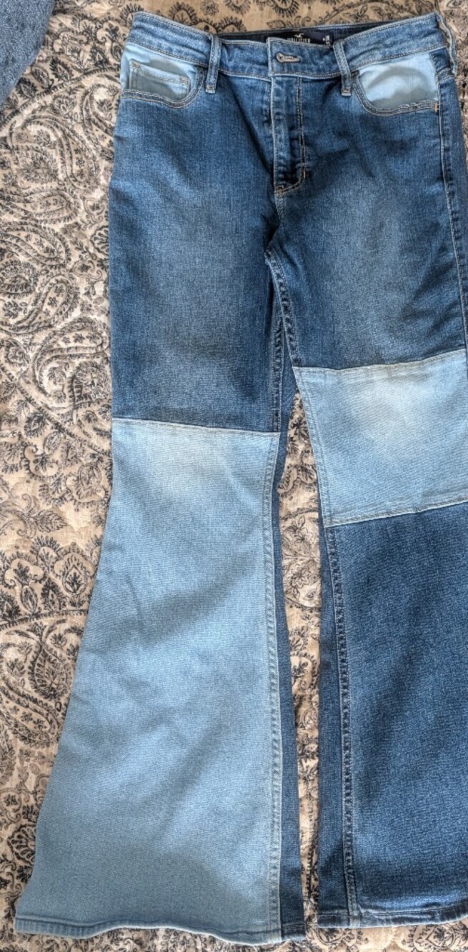 Hollister Two-Tone Patchwork Flare Leg Jeans in Light and Medium Blue
